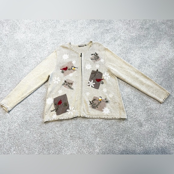 Croft & Barrow Beige Bird embroidery Silk Blended Cardigan Holiday Quirky - Picture 4 of 8